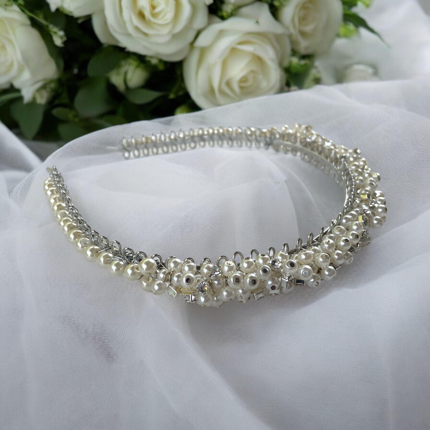 Handmade stunning head band for hair - with rhinestones and pearls on metal base - wedding, bride