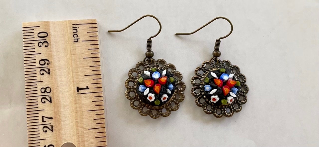My own handmade Italian style round inlaid micro mosaic glass earrings