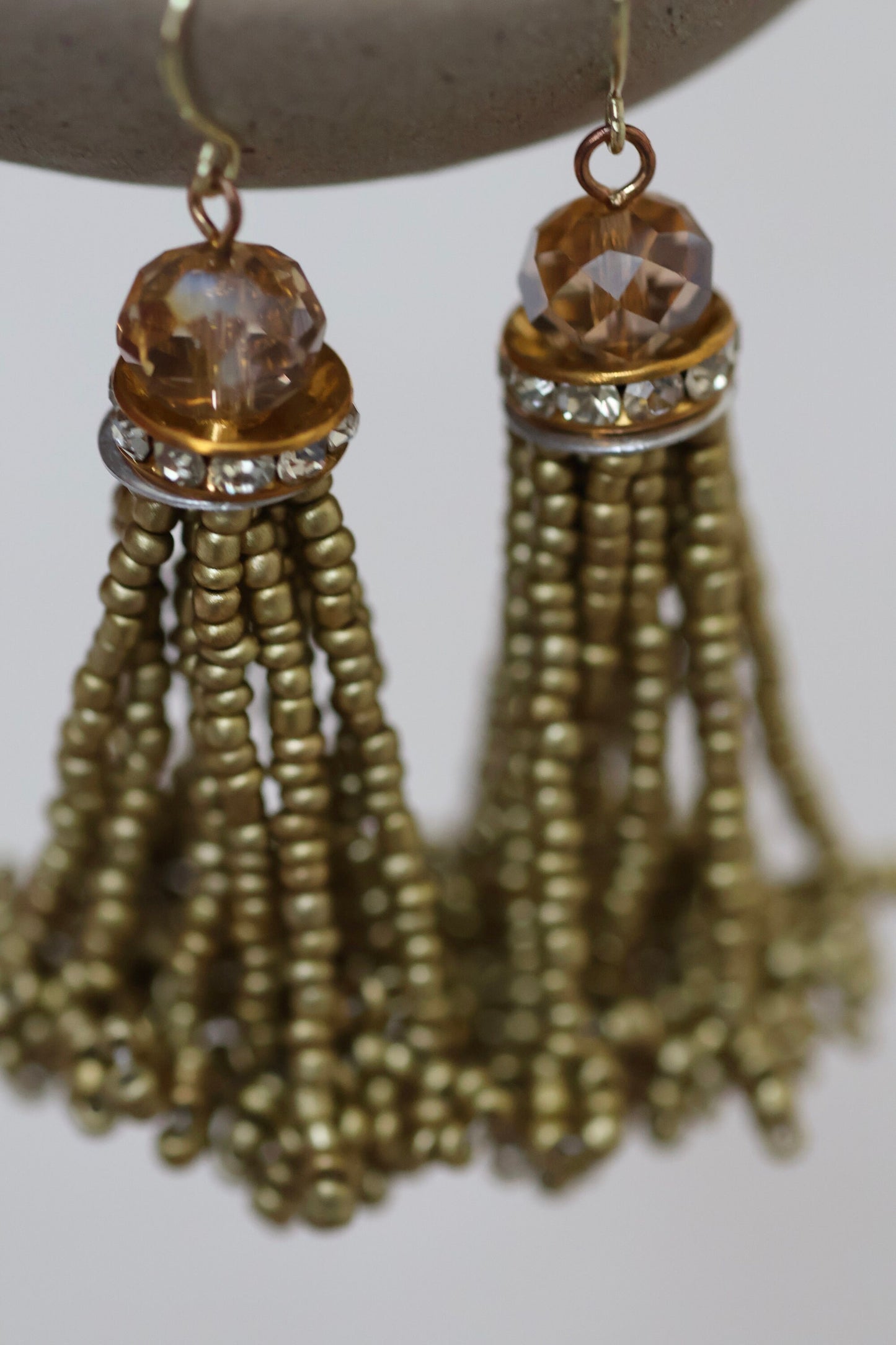 Stunning vintage beadwork gold tassel and crystal dangle earrings