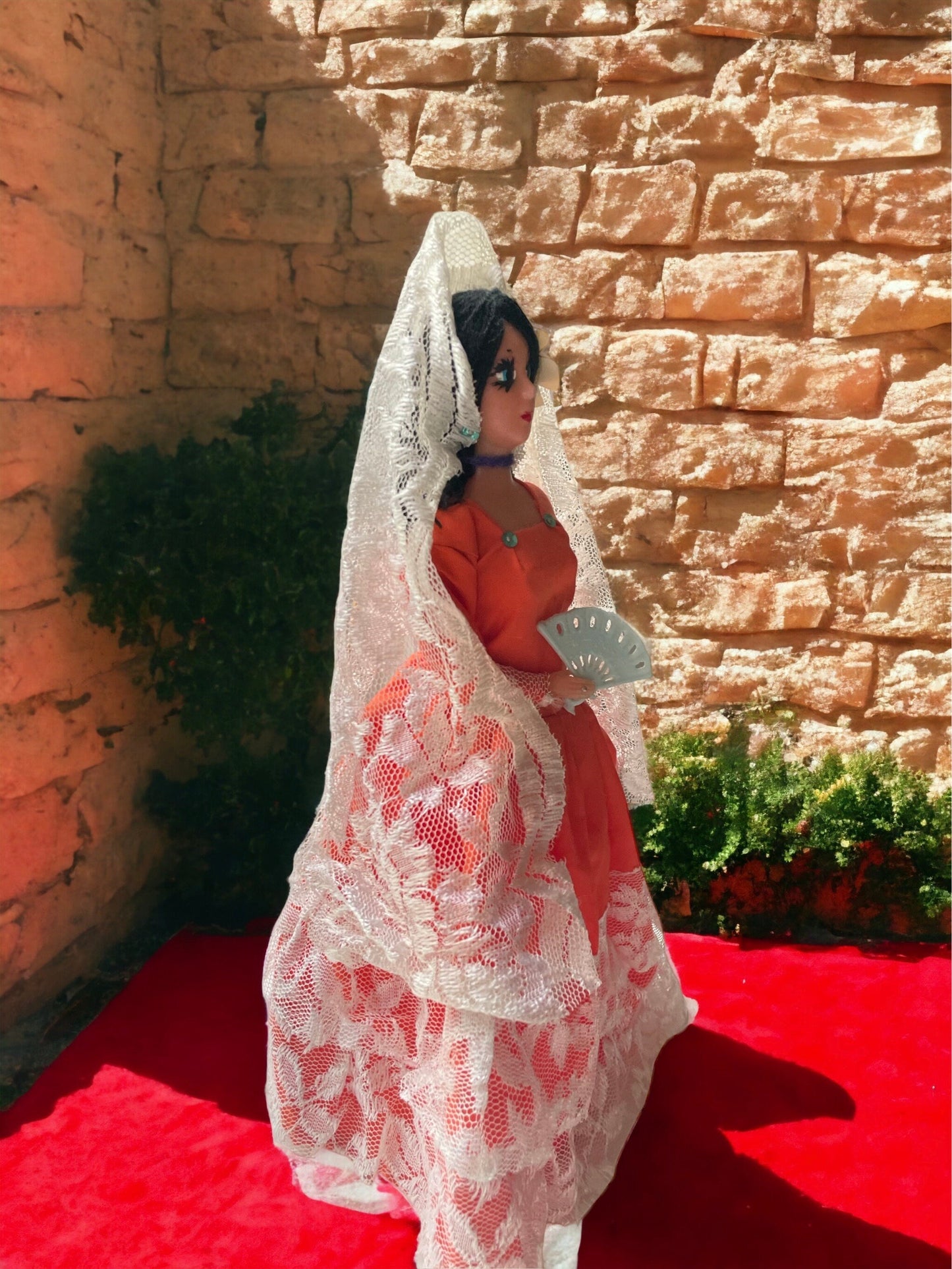 Stunning vintage doll from Mexico - full orange dress, long lace veil, blue fan