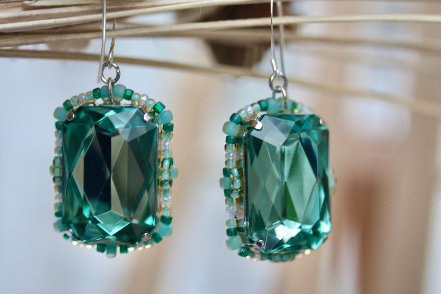 Vintage turquoise faceted crystal dangle earrings with original handmade beadwork