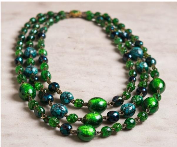 Vintage Emerald Green Glass Necklace, 3 Strand Art Deco Style Statement Necklace, Foil Glass & Turquoise Look Synthetic Beads