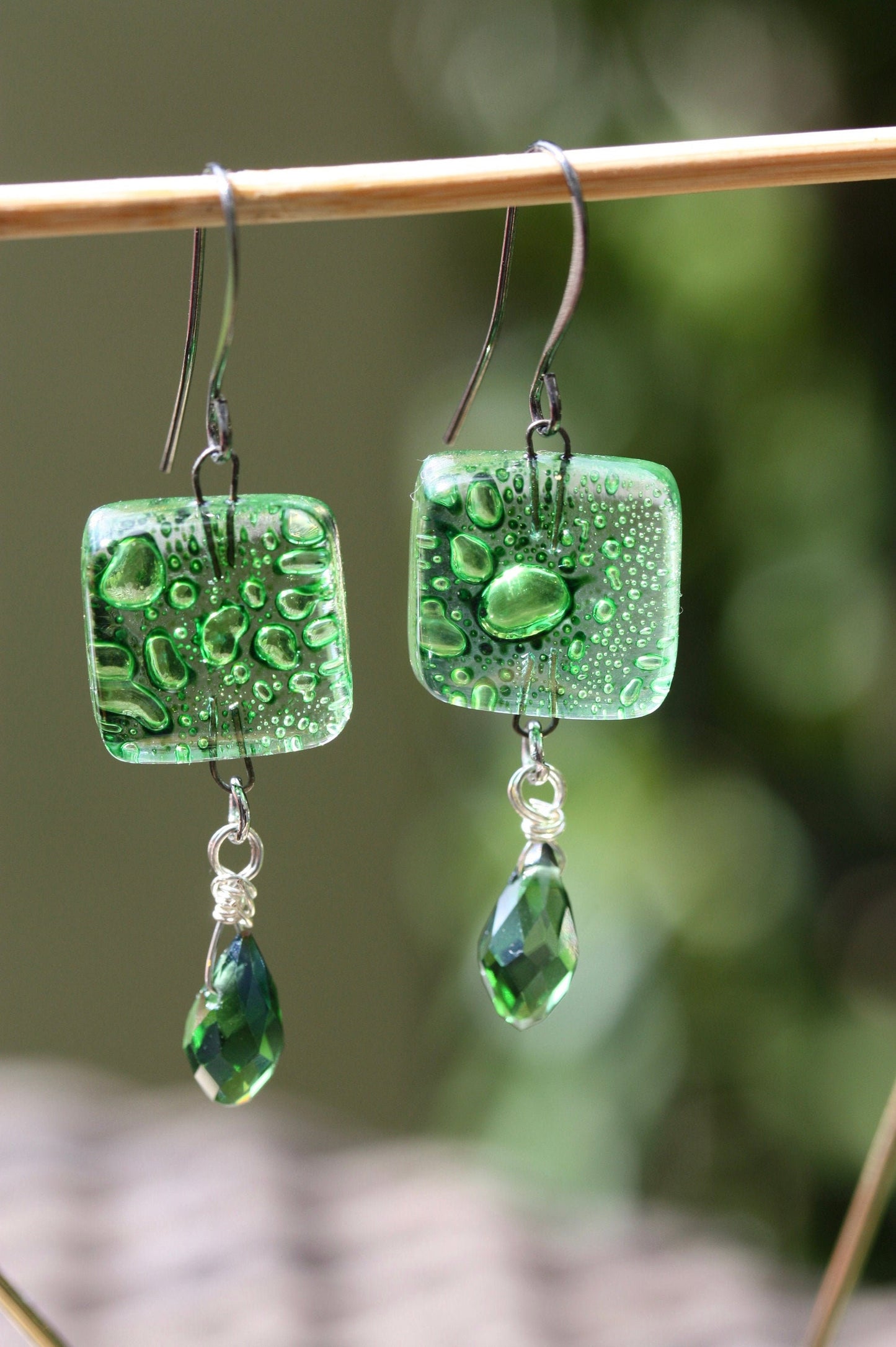 Green blown vintage glass with new faceted green crystal dangle earrings