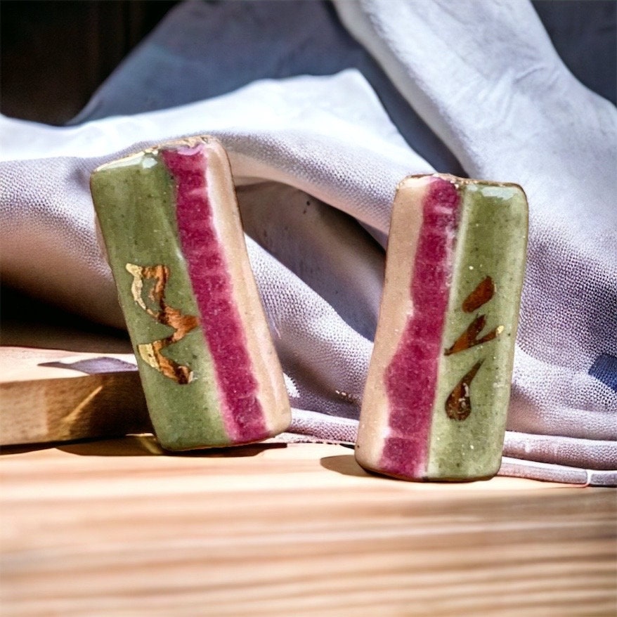Vintage pottery ceramic earrings - red, green and gold glaze on clay