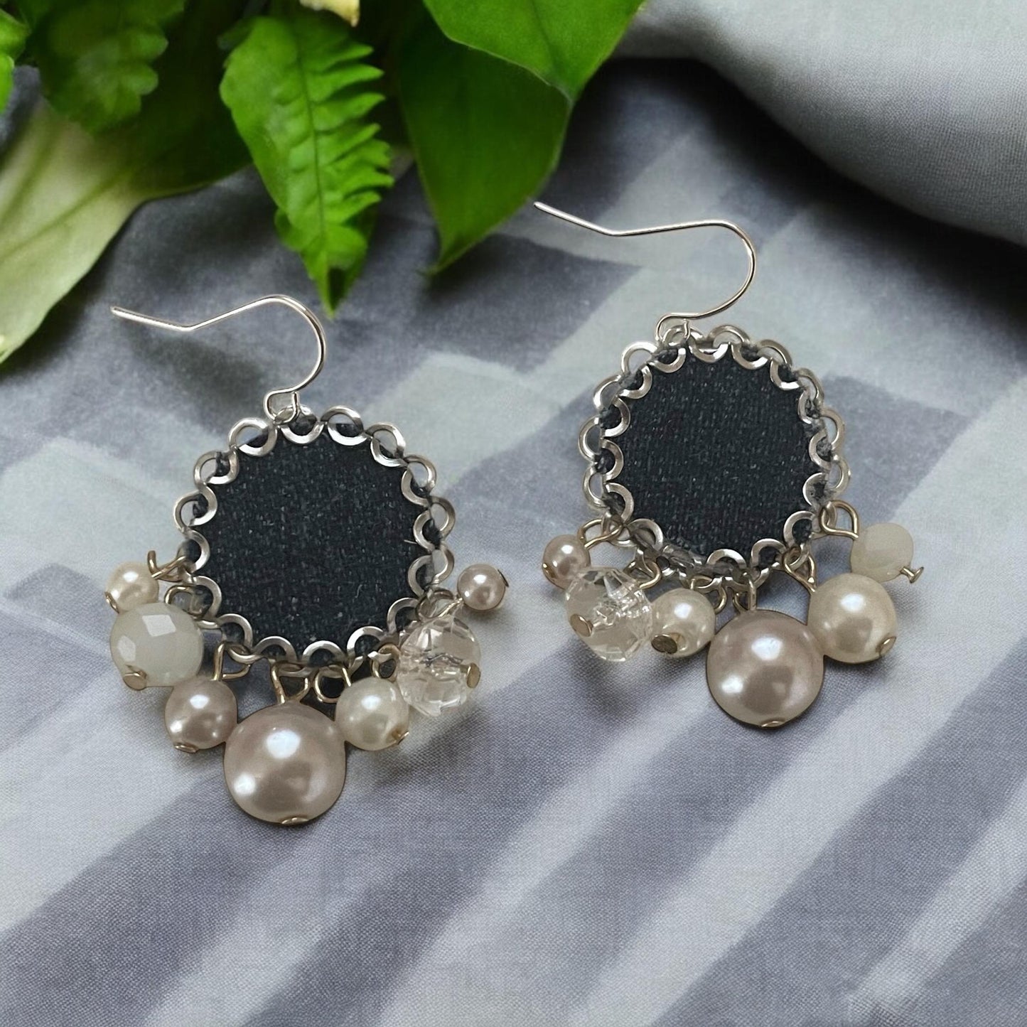 Unique dangle earrings made with denim, crystals and faux pearl dangles.  Sterling silver ear wires.