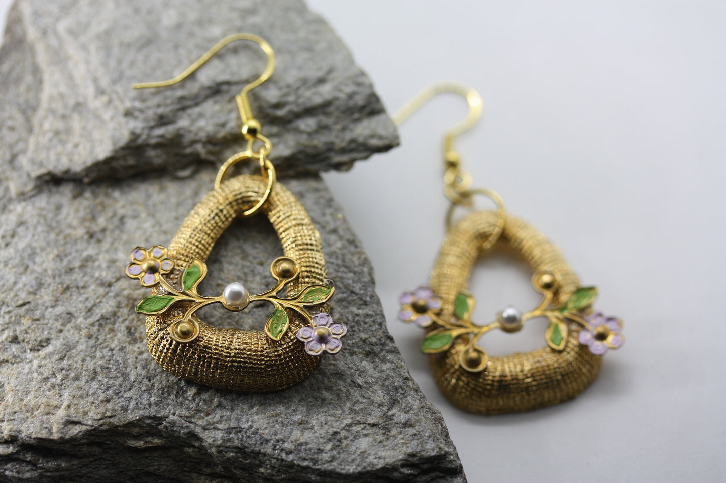Handmade mixed material dangle earrings made of vintage and new materials