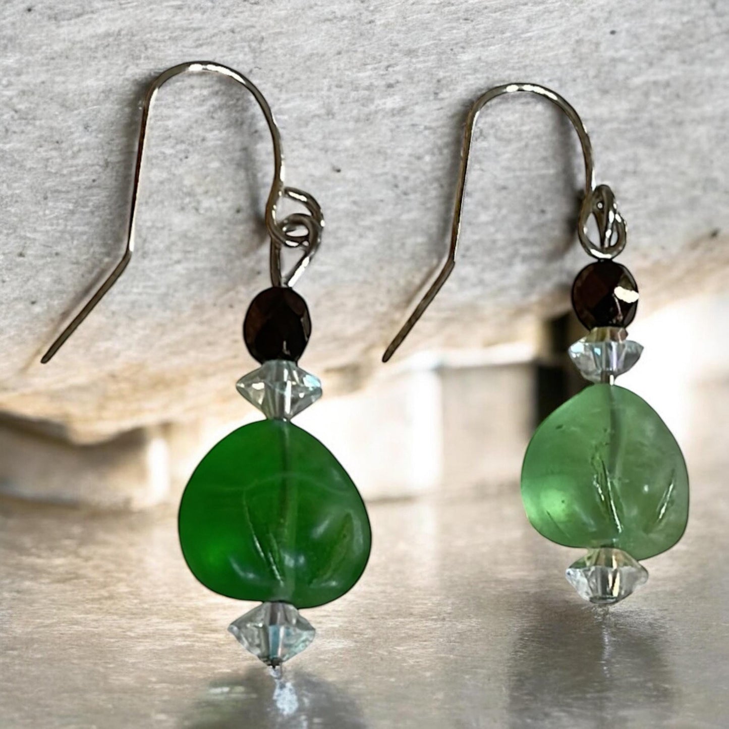 Green Glass and Crystal Dangle Earrings – Handmade Drop Earrings | Elegant Lightweight Jewelry Gift for Her