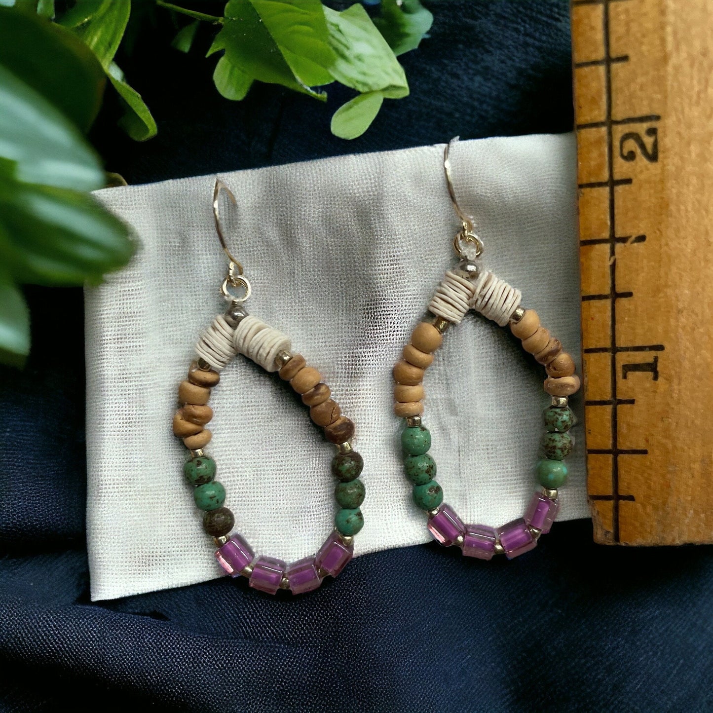 Handmade beaded dangle earrings - purple glass cubes, cream heishi beads, wood and metal spacers
