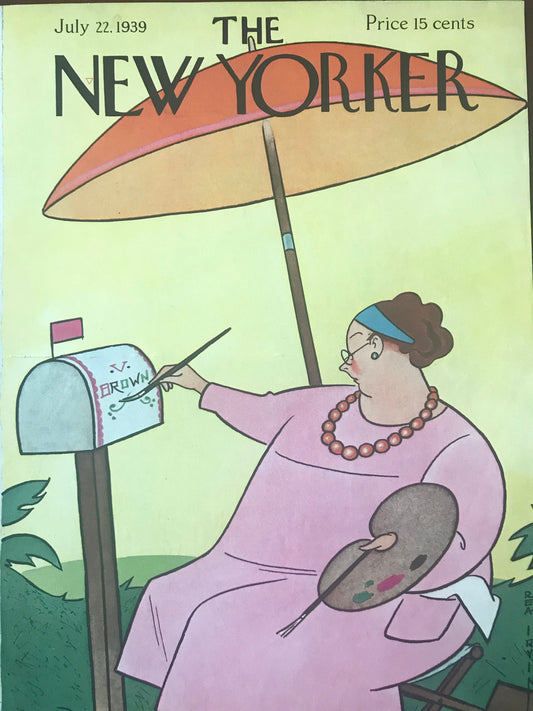 Rare - July 22, 1939 - The NEW YORKER Magazine original cover by Rea Irvin - pink dressed woman painting mailbox - please read description
