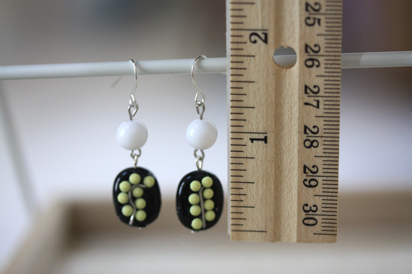 Sweet handmade yellow dotted black and white floral dangle earrings