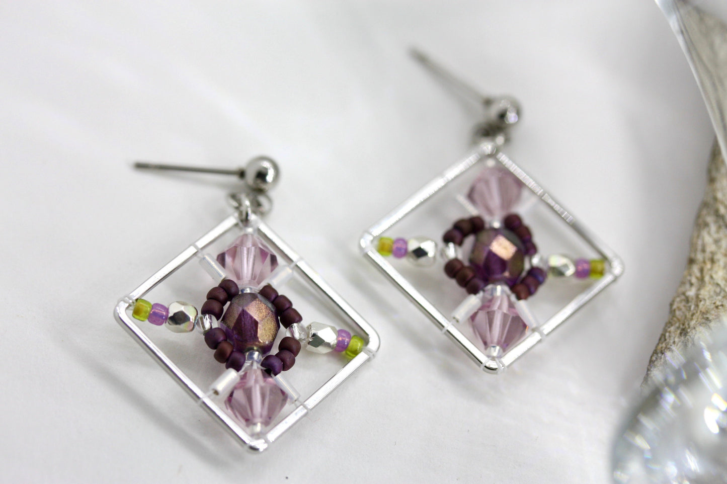 Purple, green and pink crystal and intricate beadwork small square dangle earrings