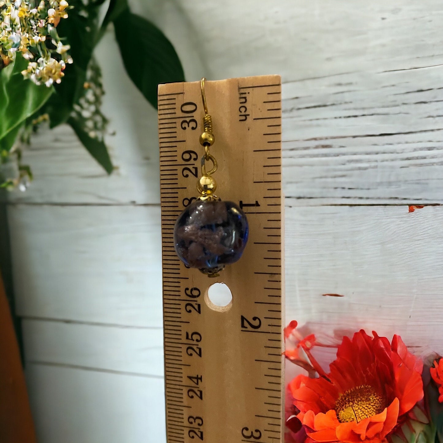 Blue and gold speckled glass vintage dangle earrings