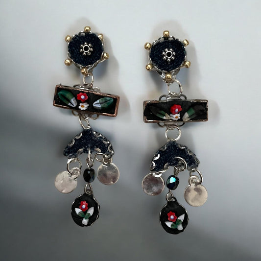 Micro Mosaic Dangle Earrings: Italian Folk Art Design (Sterling Silver)