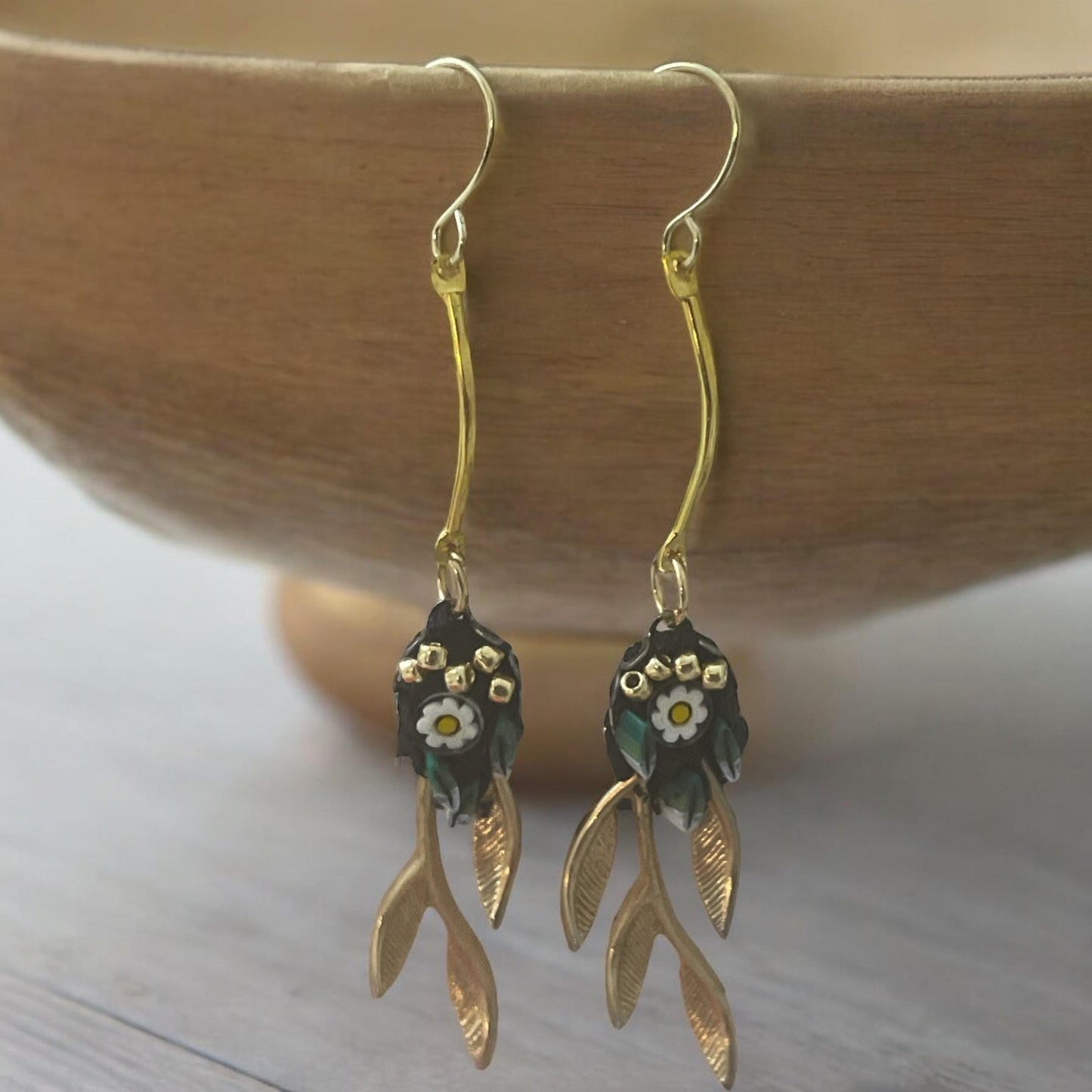 Handmade micro mosaic with gold leaves - long dangle earrings