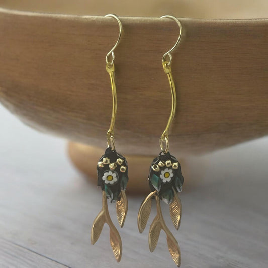 Handmade micro mosaic with gold leaves - long dangle earrings