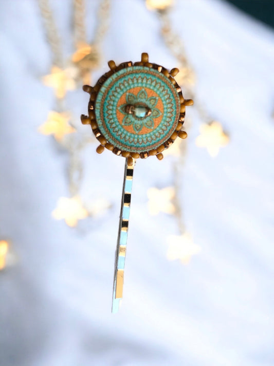Handmade beadwork hair pin - vintage wood floral base, with beadwork