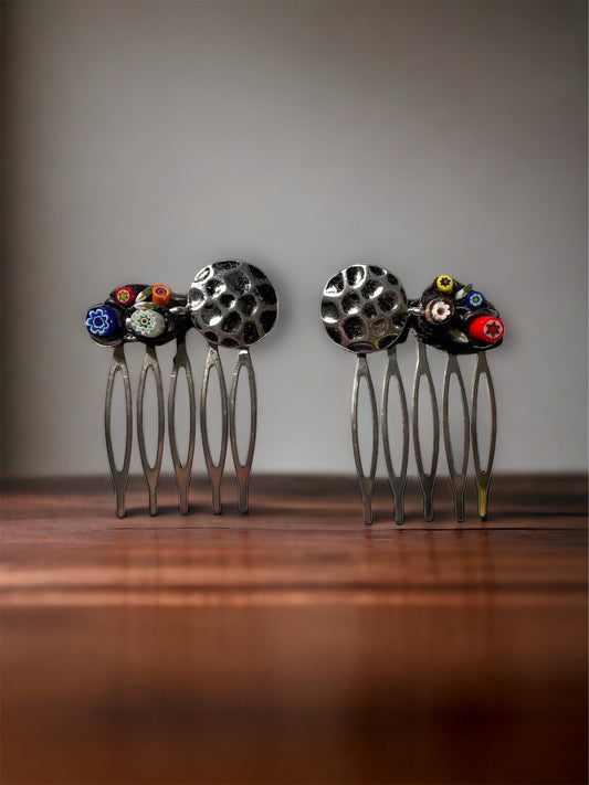 Pair of one-of-a-kind handmade Italian glass micro mosaic hair combs with millefiori