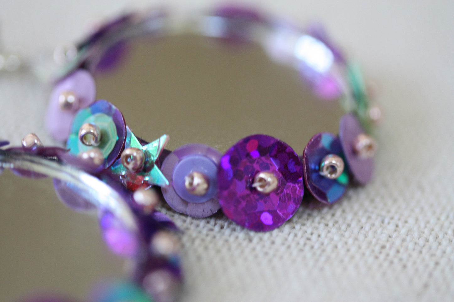 Unique hand beaded and sequined dangle mirror earrings