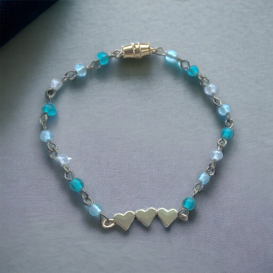 Triple heart bracelet featuring upcycled vintage chain connectors and shades of blue / white tiny vintage glass beads -sized for your wrist