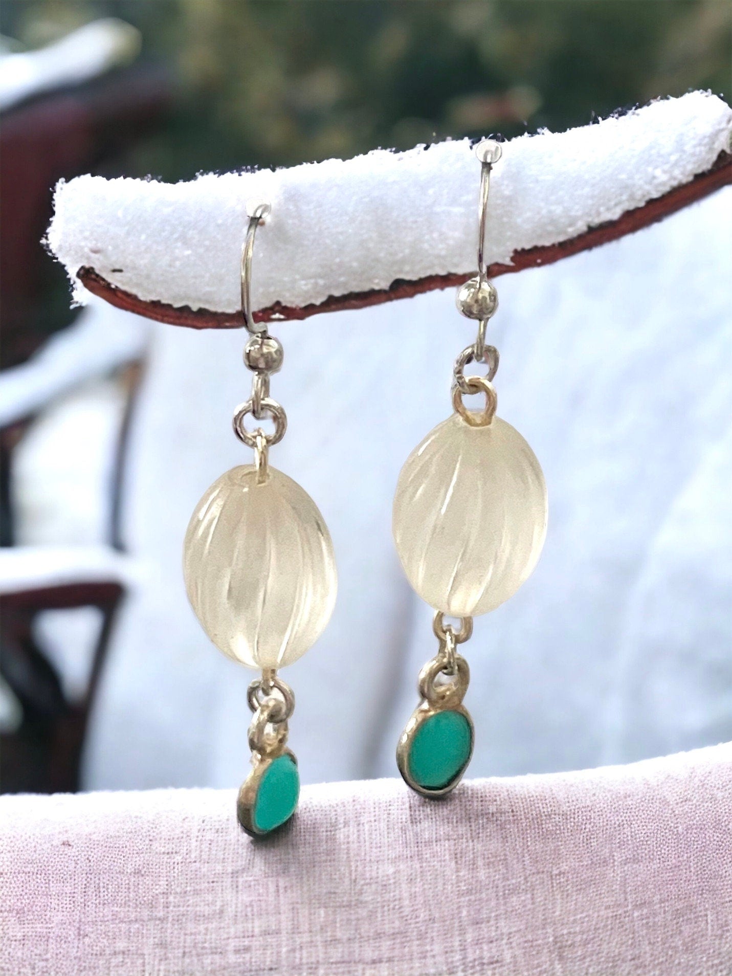 Long dangle earrings made of both new and vintage components - swirled frosted white with blue dangles