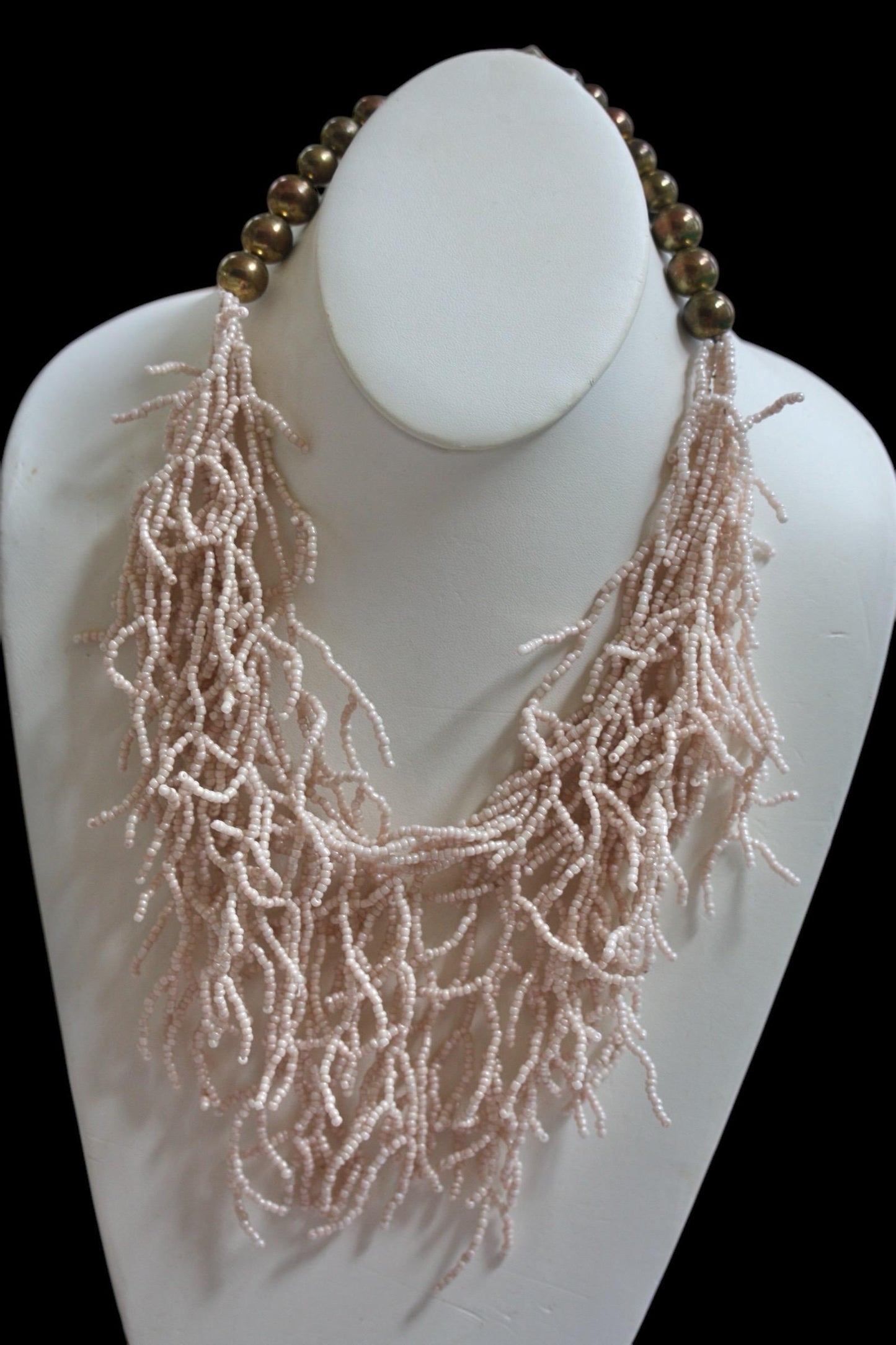 Stunning Cream Color Beaded Fringe Statement Necklace with hundreds of tiny glass seed beads