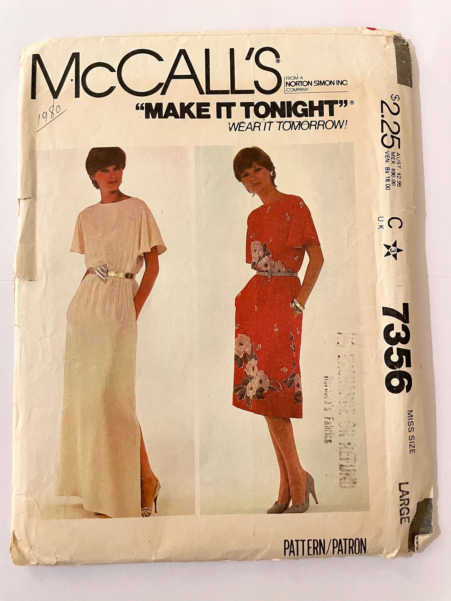 UNCUT Sewing Pattern - McCalls 7356 Easy Boat Neck Dress, Draped Flutter Sleeves, Knee or Maxi Length, 1980s, Size Large