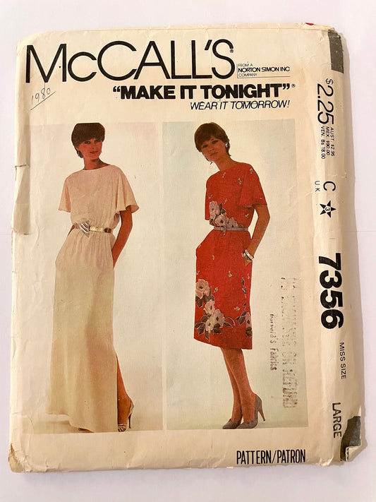 UNCUT Sewing Pattern - McCalls 7356 Easy Boat Neck Dress, Draped Flutter Sleeves, Knee or Maxi Length, 1980s, Size Large