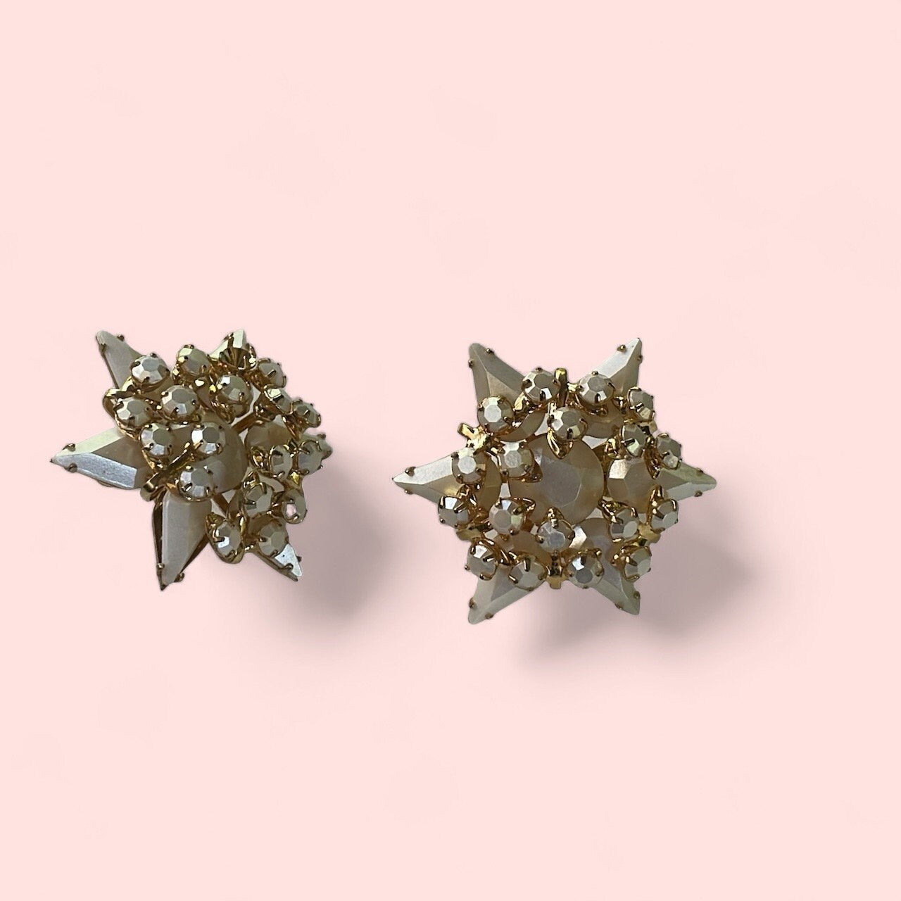 Stunning star shaped white crystal embedded vintage clip on earrings