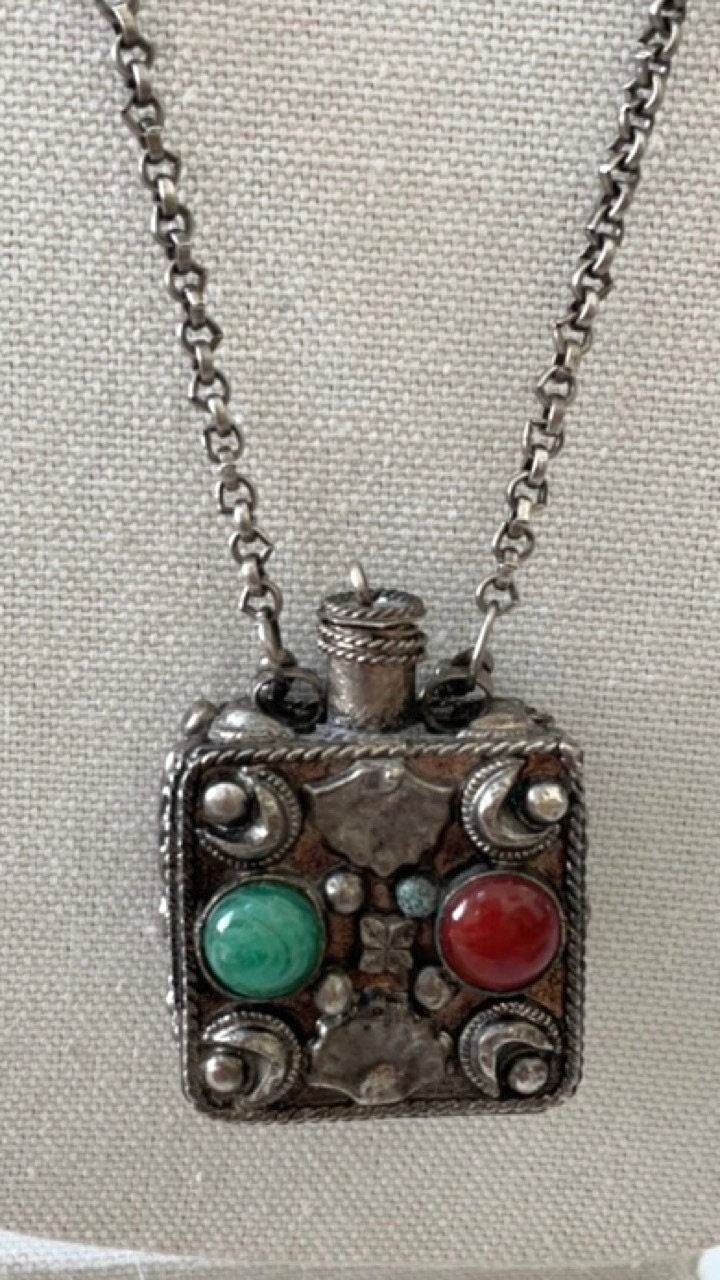Stunning inlaid gemstone jeweled Tibetan Perfume Bottle Pendant Necklace, prayer box, snuff bottle