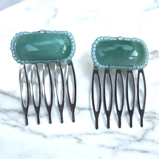 Hand beaded, handmade pair of jade hair combs
