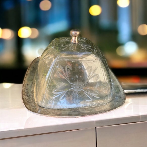 Vintage etched blown glass domed lid on silver square Cheese/Dessert dish