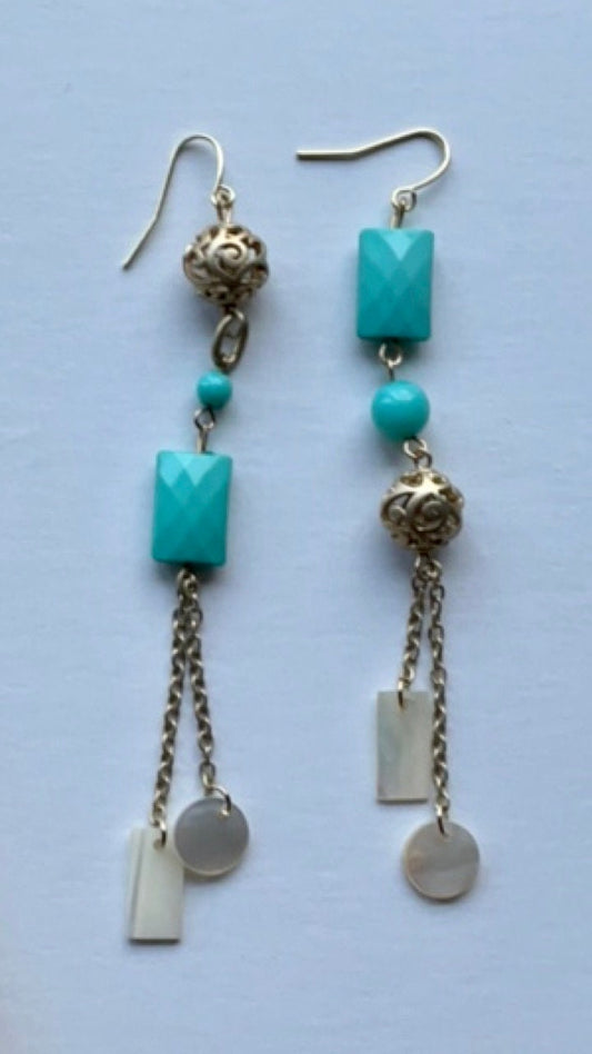One-of-a-kind handmade mismatched mixed material long dangle earrings - turquoise colored vintage and new materials, mother of pearl dangles