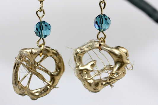 Lightweight faux metal unique free form handmade goldtone dangle earrings with AB blue crystals
