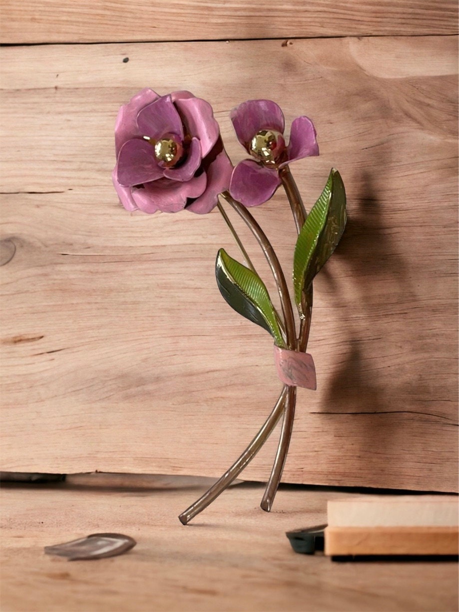 Huge 4" hand painted vintage pink flower pin