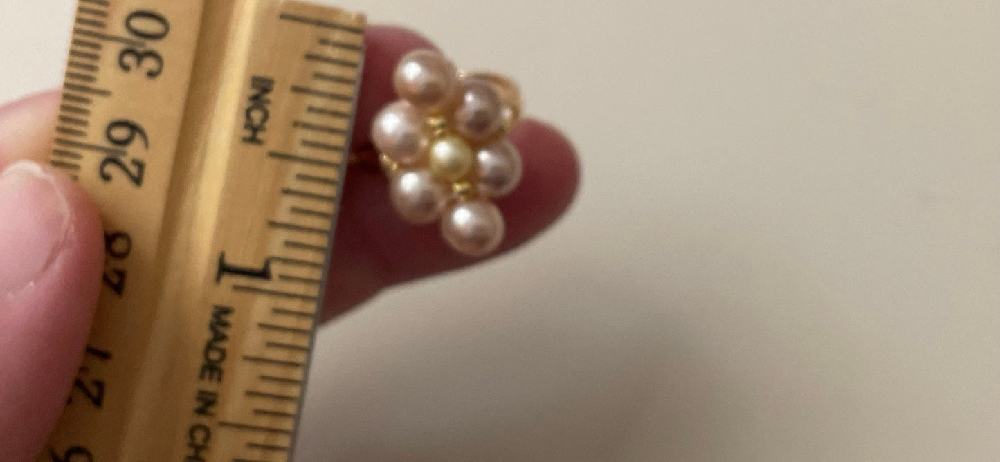 Adjustable ring handmade with pale pink and cream faux pearls