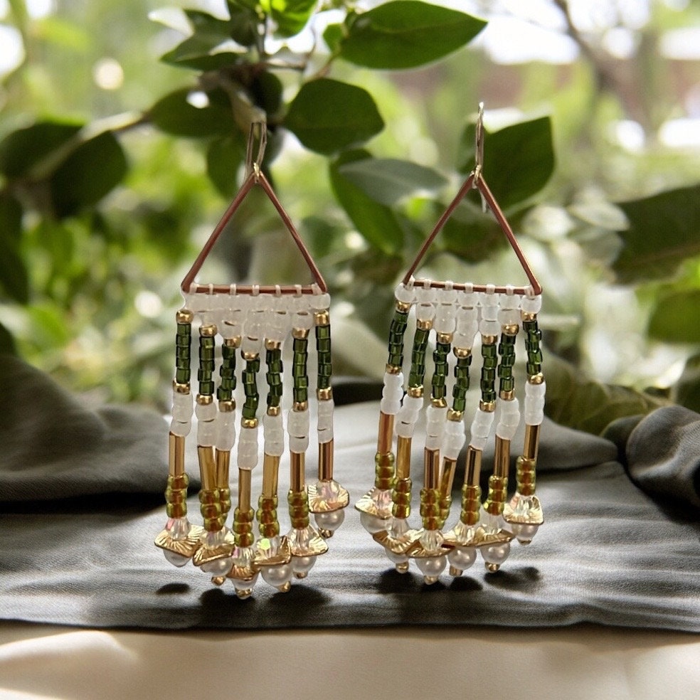 Hand beaded stunning dangle  earrings - emerald green and gold with white faux pearls