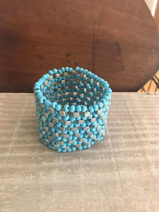 Unique vintage handmade beadwork cuff bracelet - silvertone metal & blue glass beads