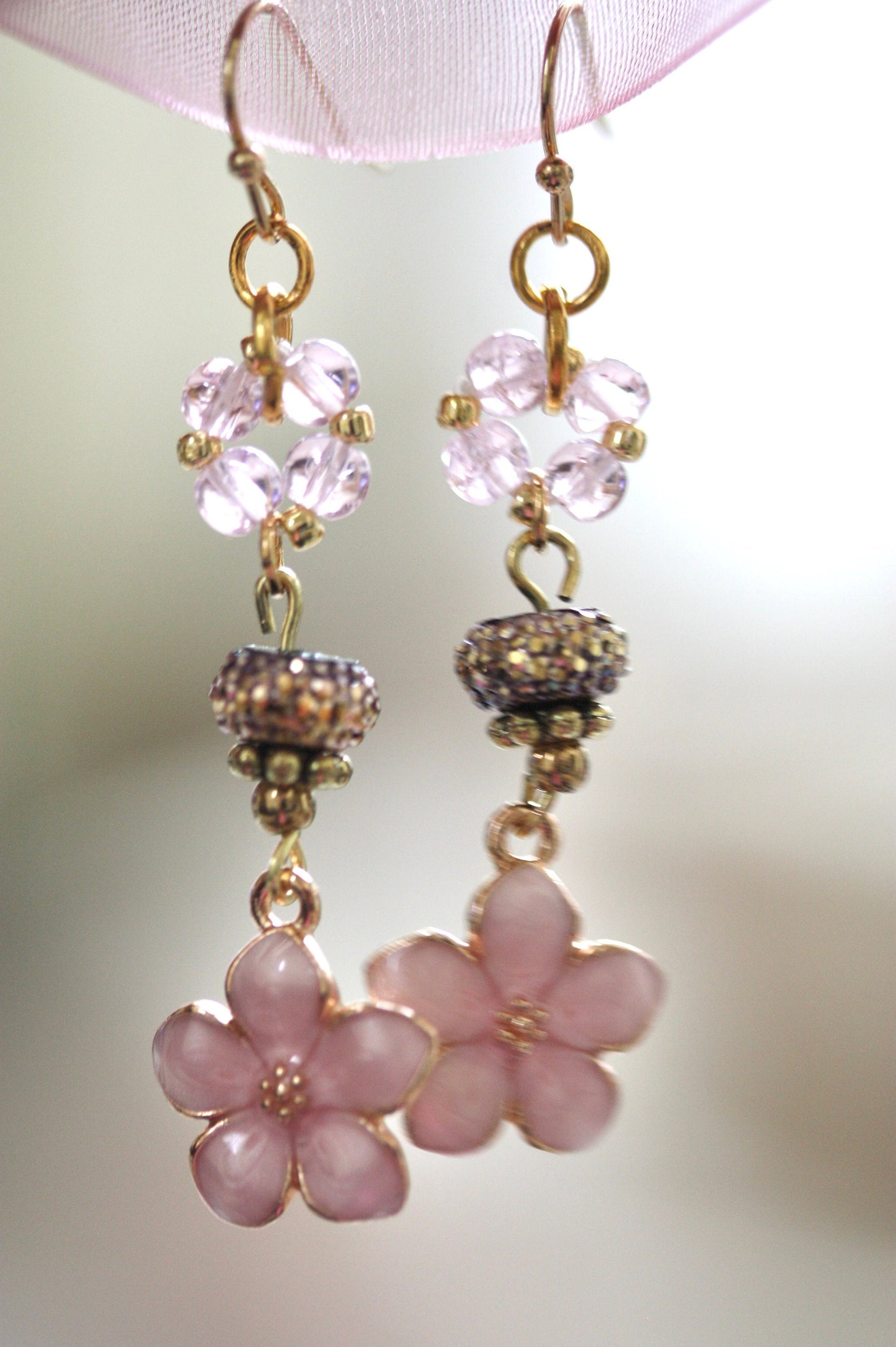 Handmade mixed material light pink enamel flower drop dangle earrings