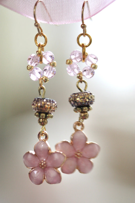 Handmade mixed material light pink enamel flower drop dangle earrings