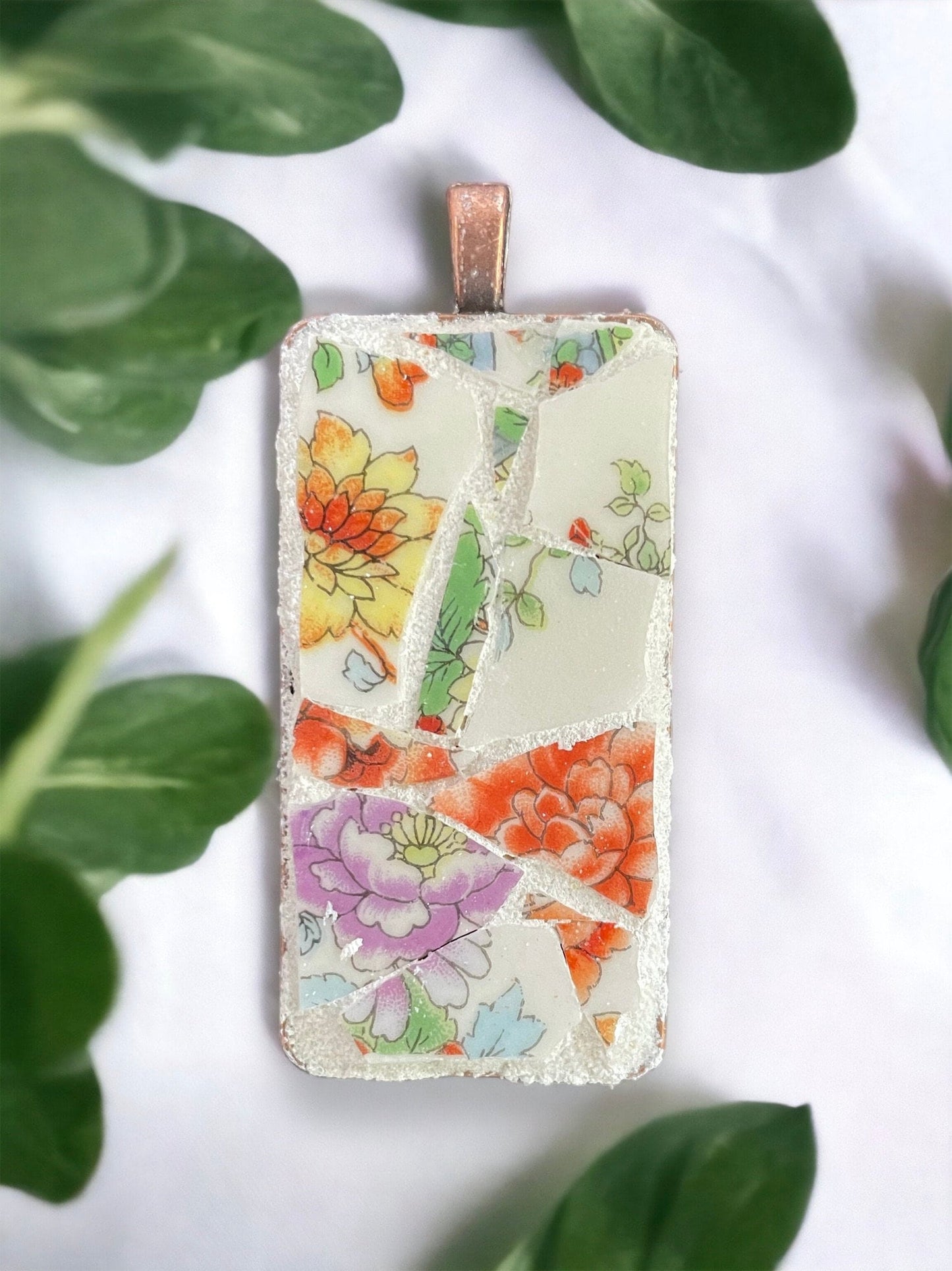 Handmade mosaic floral necklace - made of an upcycled broken vintage plate