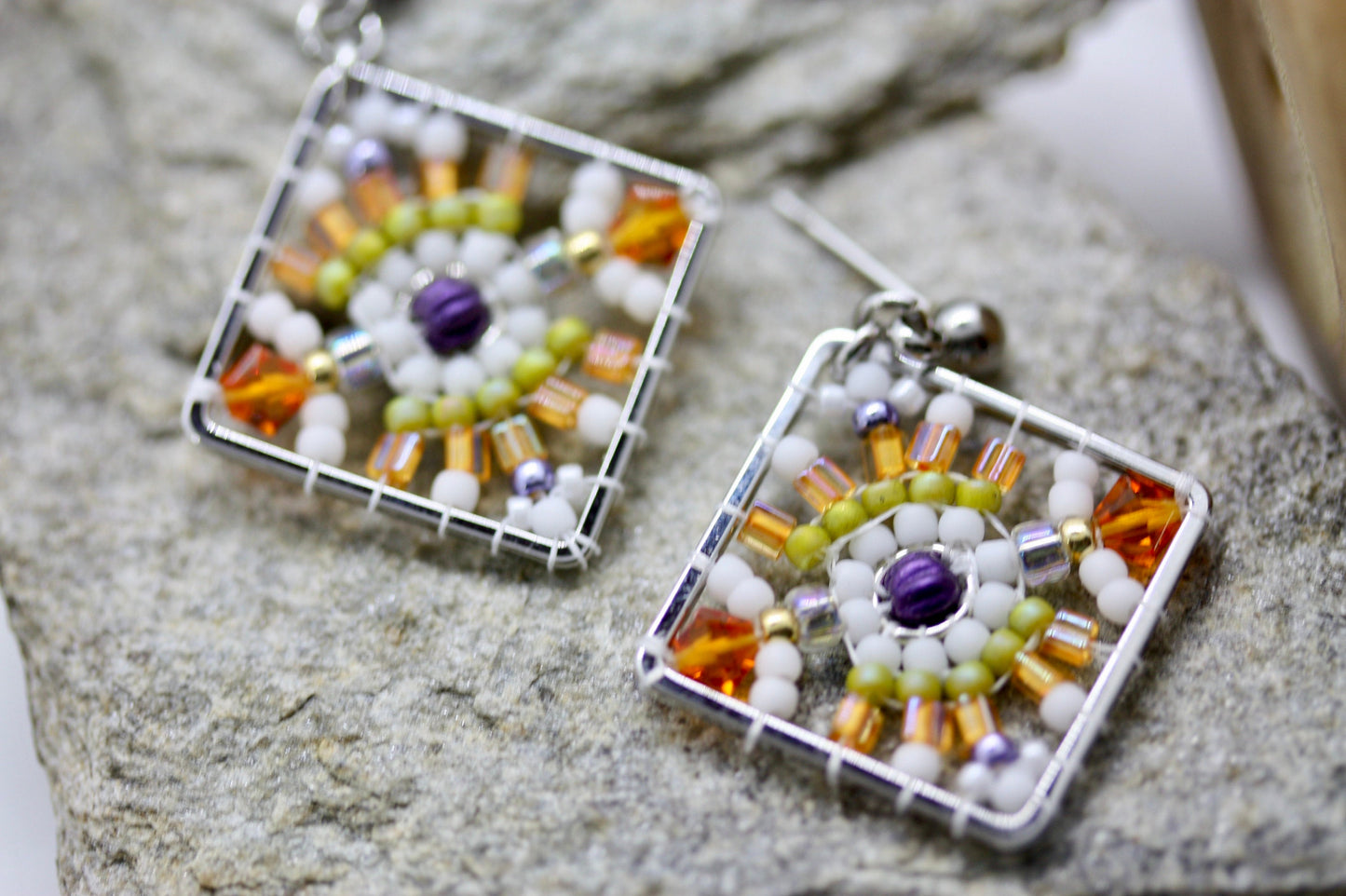 Orange, green, purple and white crystal and intricate beadwork small square dangle earrings