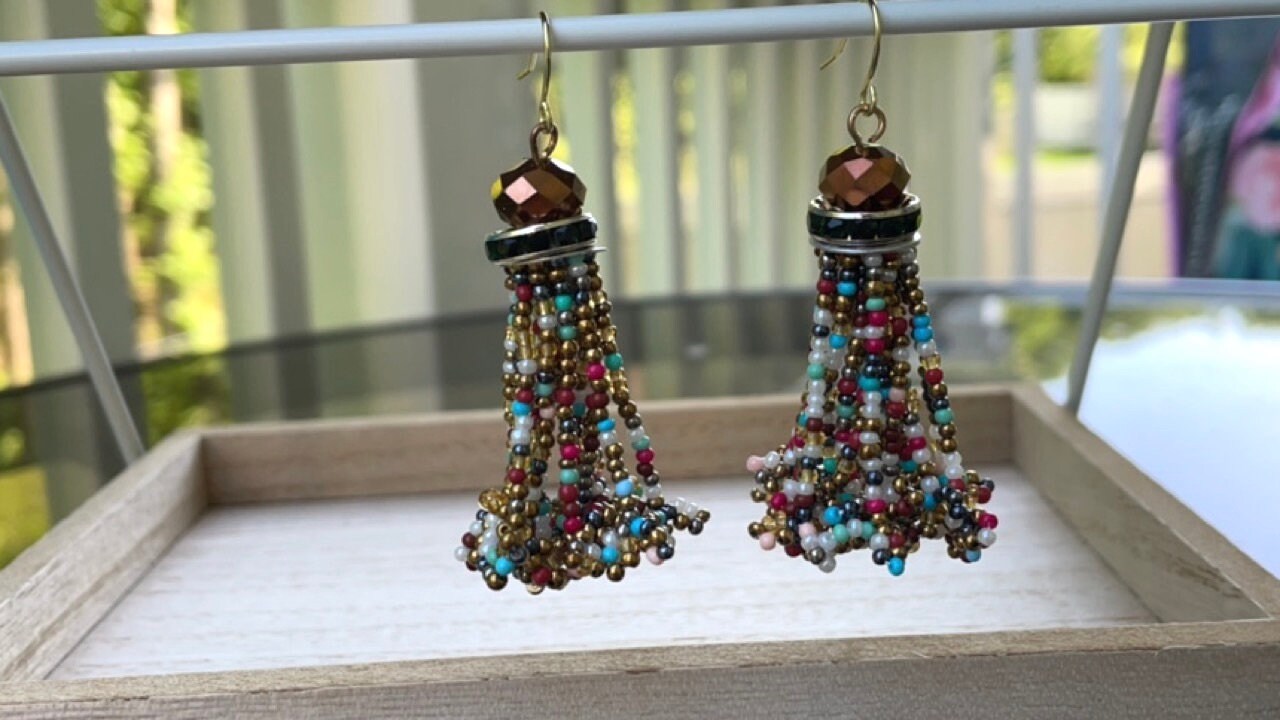 Stunning vintage beadwork tassel dangle earrings