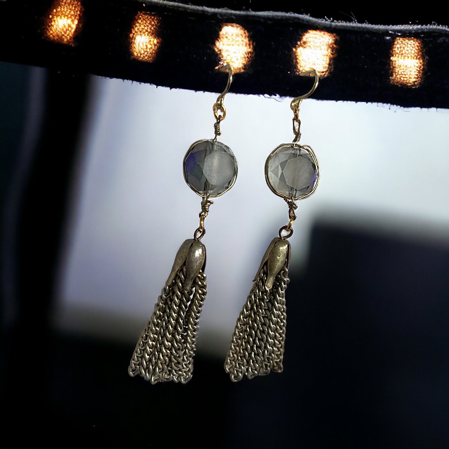 Beveled silvery blue glass and metal tassel handmade earrings