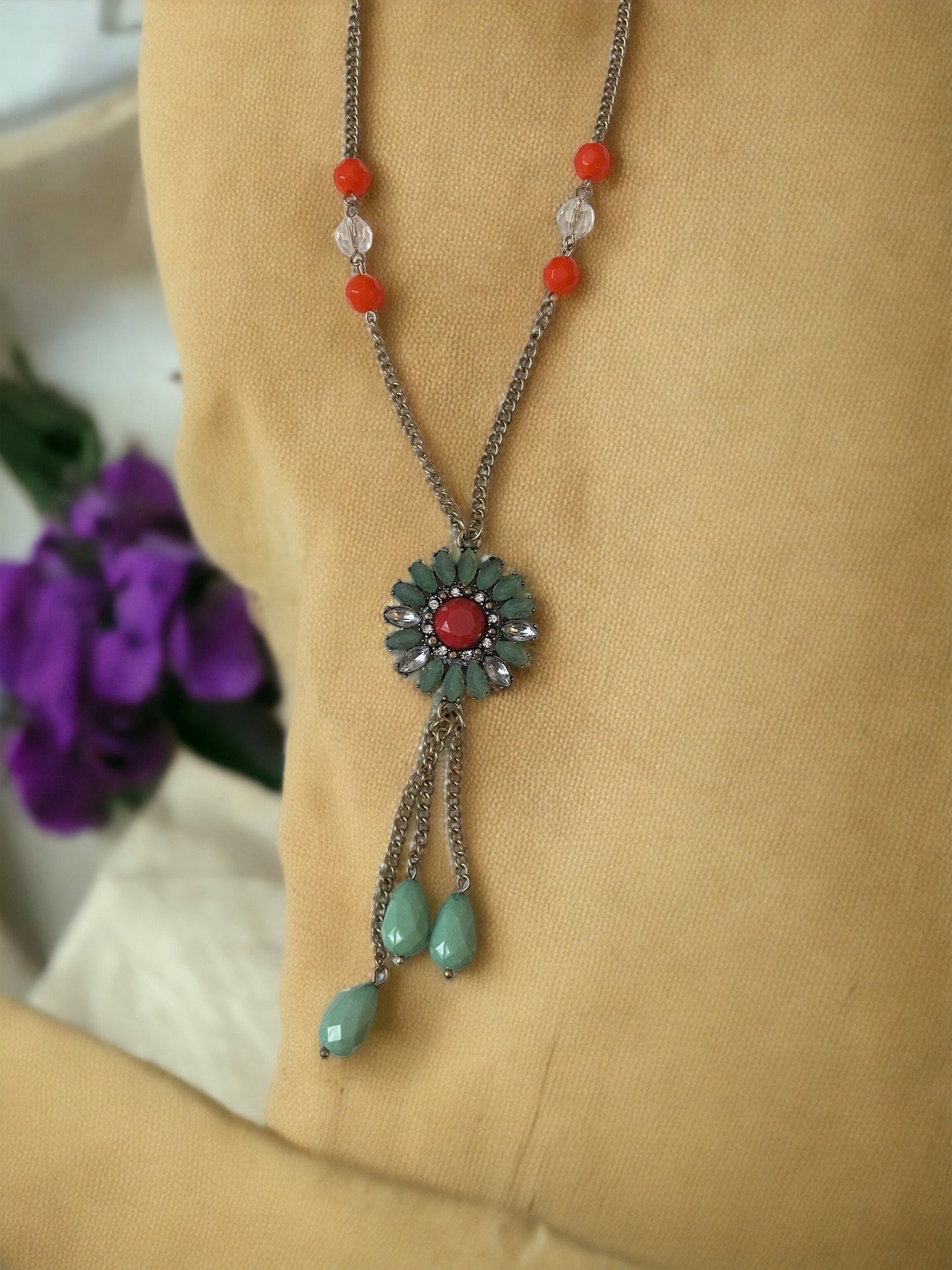 Pretty vintage necklace - turquoise and orange mandela style focal with dangles