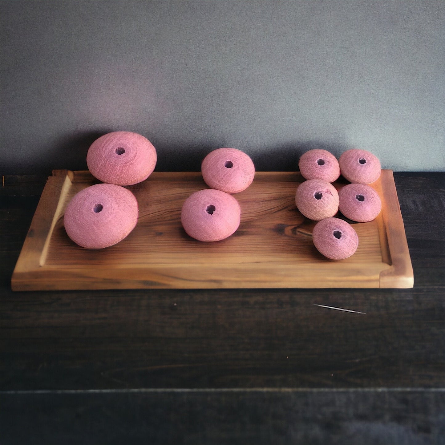 Pink wood saucer-shaped vintage beads - 9 beads total exactly as pictured