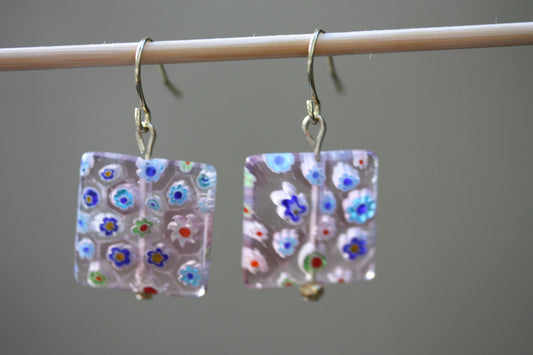 Stunning square glass millefiori floral dangle earrings
