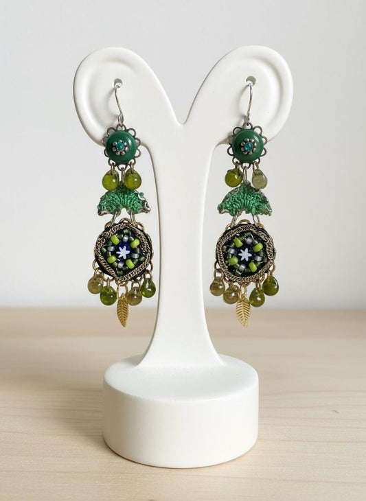 Handmade Green Mosaic Dangle Earrings – Boho Floral Beaded Earrings with Gold Leaf Charms, Vintage Style Artisan Jewelry, Statement Gift
