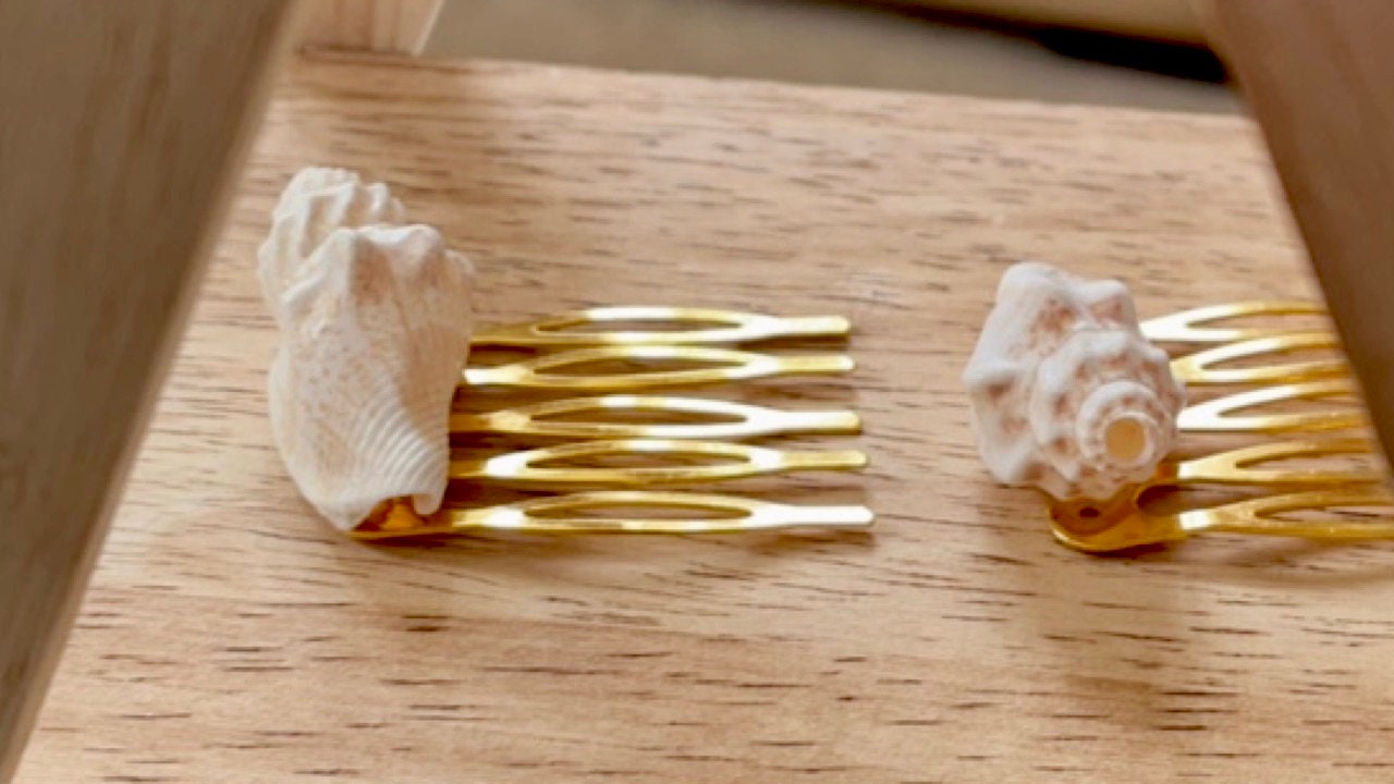 Pair of sea shell mini metal beach themed hair combs - 1" each