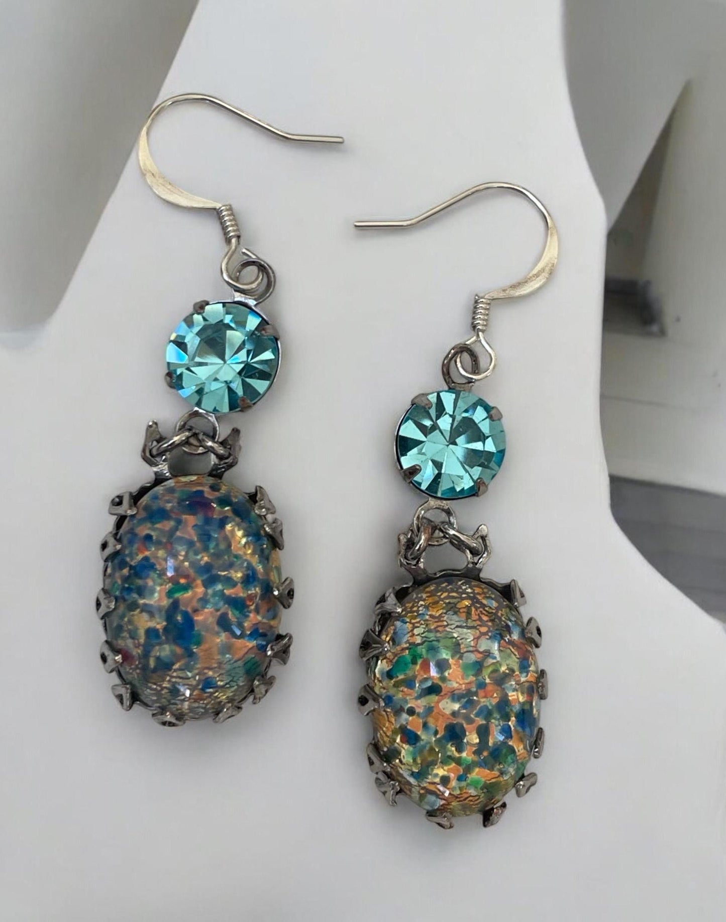 Blue opal? dangle earrings with turquoise rhinestones - please read description
