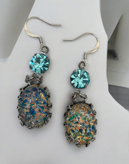 Blue opal? dangle earrings with turquoise rhinestones - please read description